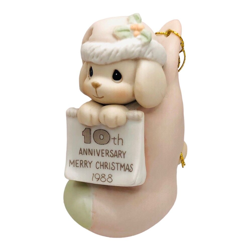 VTG Precious Moments 10th Anniversary 1988 Christmas Puppy Dog Stocking Ornament